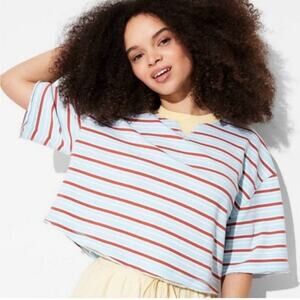 WILD FABLE Short Sleeve Boxy Cropped Tee Striped Top Raw Hems Size L